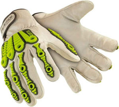 HexArmor - Size L (9), ANSI Cut Level A8, Puncture Level 4, Abrasion Level 4, Goatskin Leather Cut & Puncture Resistant Gloves - 9-1/2" Long, Uncoated Leather, Hook & Loop Cuffs, White/High Visibility Yellow, Paired - Benchmark Tooling