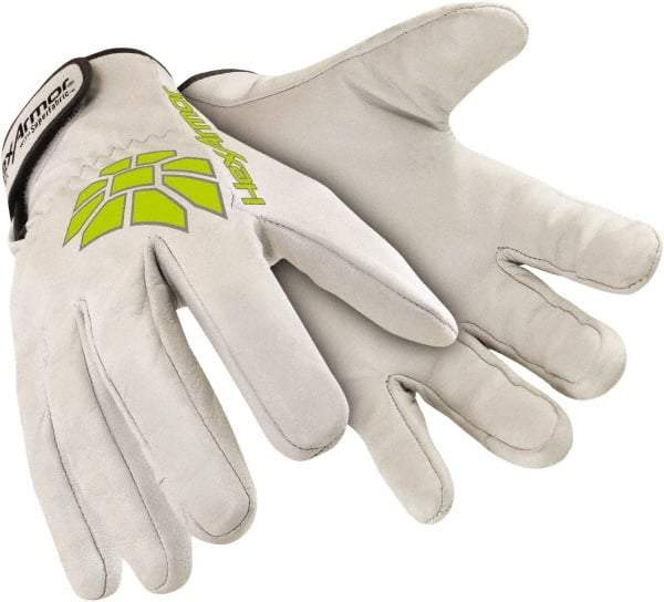 HexArmor - Size XL (10), ANSI Cut Lvl A8, Puncture Lvl 4, Abrasion Lvl 4, Goatskin Leather Cut & Puncture Resistant Gloves - 9.5" Long, SuperFabric Lining, Slip-On Cuff, White/Hi-Vis Yellow, Paired - Benchmark Tooling