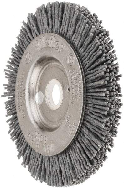 Weiler - 3" OD, 1/2" Arbor Hole, Crimped Nylon Wheel Brush - 3/8" Face Width, 1/2" Trim Length, 0.035" Filament Diam, 6,000 RPM - Benchmark Tooling