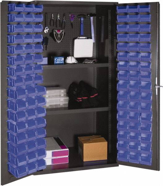 Durham - 2 Shelf 96 Bin Storage Cabinet - Steel, 36" Wide x 24" Deep x 72" High, Blue - Benchmark Tooling