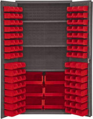 Durham - 3 Shelf 102 Bin Storage Cabinet - Steel, 36" Wide x 24" Deep x 72" High, Red - Benchmark Tooling