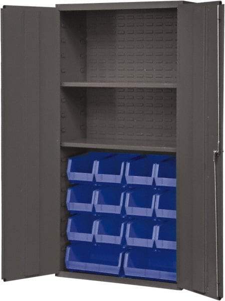 Durham - 2 Shelf 14 Bin Storage Cabinet - Steel, 36" Wide x 18" Deep x 72" High, Blue - Benchmark Tooling