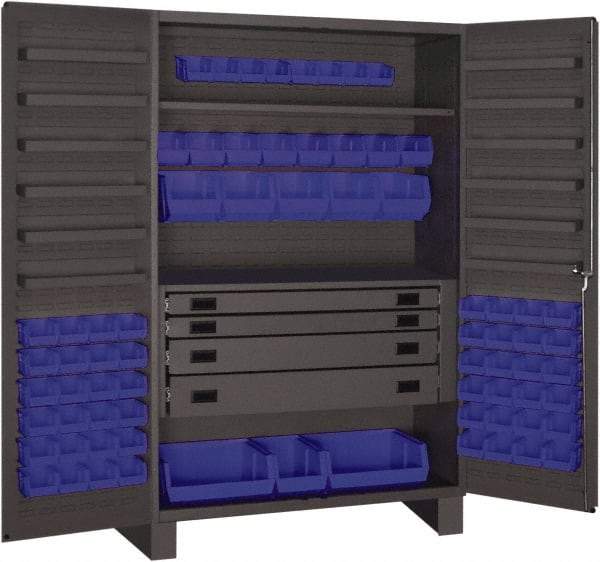 Durham - 2 Shelf 72 Bin Storage Cabinet - Steel, 48" Wide x 24" Deep x 78" High, Blue - Benchmark Tooling