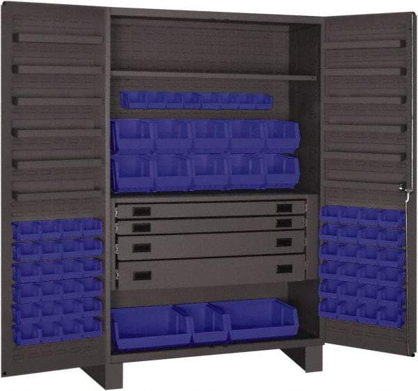 Durham - 2 Shelf 69 Bin Storage Cabinet - Steel, 48" Wide x 24" Deep x 78" High, Blue - Benchmark Tooling