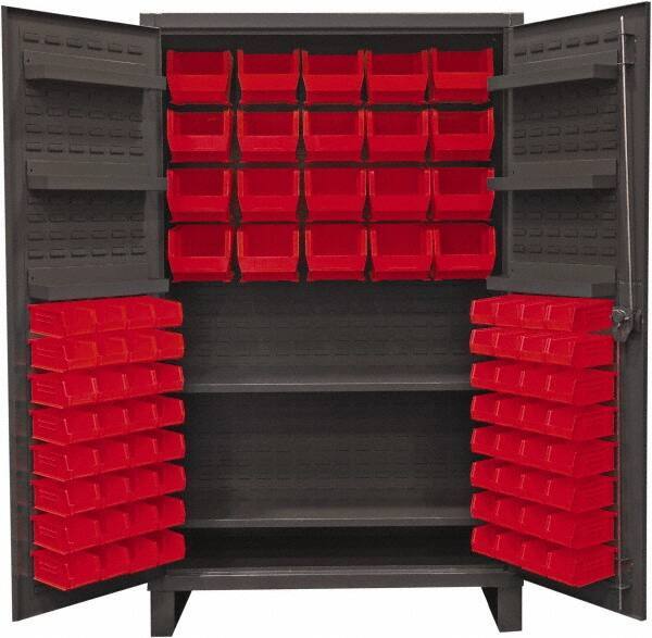 Durham - 2 Shelf 84 Bin Storage Cabinet - Steel, 48" Wide x 24" Deep x 78" High, Red - Benchmark Tooling