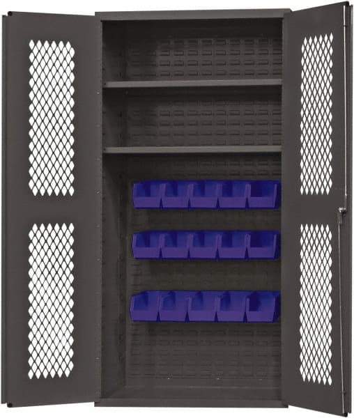 Durham - 2 Shelf 15 Bin Storage Cabinet - Steel, 36" Wide x 24" Deep x 72" High, Blue - Benchmark Tooling