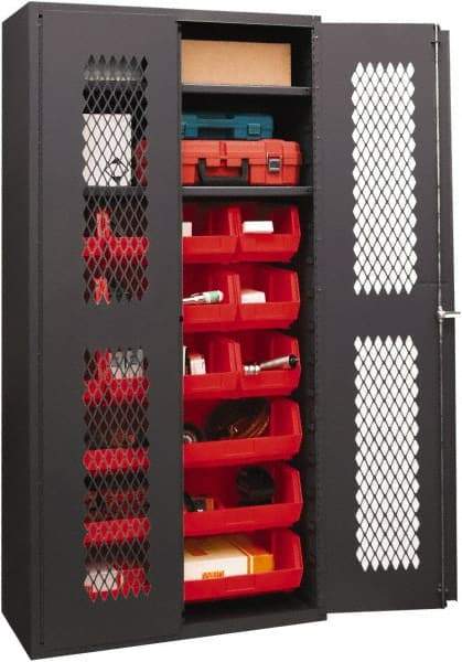 Durham - 2 Shelf 15 Bin Storage Cabinet - Steel, 36" Wide x 18" Deep x 72" High, Red - Benchmark Tooling