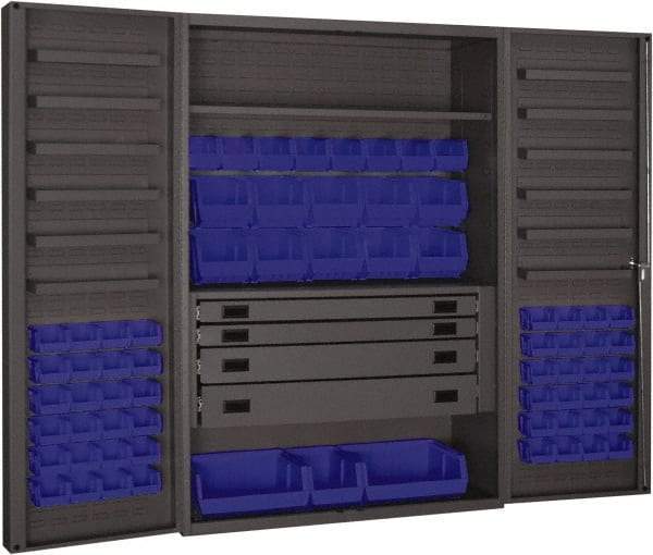 Durham - 2 Shelf 69 Bin Storage Cabinet - Steel, 48" Wide x 24" Deep x 72" High, Blue - Benchmark Tooling