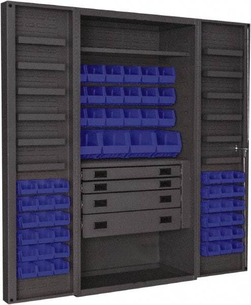 Durham - 2 Shelf 58 Bin Storage Cabinet - Steel, 36" Wide x 24" Deep x 72" High, Blue - Benchmark Tooling