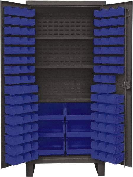 Durham - 3 Shelf 102 Bin Storage Cabinet - Steel, 36" Wide x 24" Deep x 78" High, Blue - Benchmark Tooling