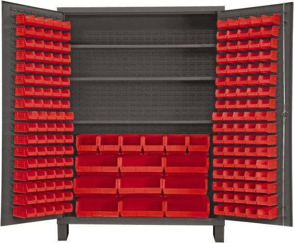 Durham - 3 Shelf 185 Bin Storage Cabinet - Steel, 60" Wide x 24" Deep x 84" High, Red - Benchmark Tooling