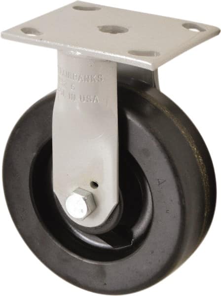 Fairbanks - 6" Diam x 2" Wide x 7-1/2" OAH Top Plate Mount Rigid Caster - Rubber Mold on 70 Durometer, 410 Lb Capacity, Rollers Bearing, 4 x 4-1/2" Plate - Benchmark Tooling