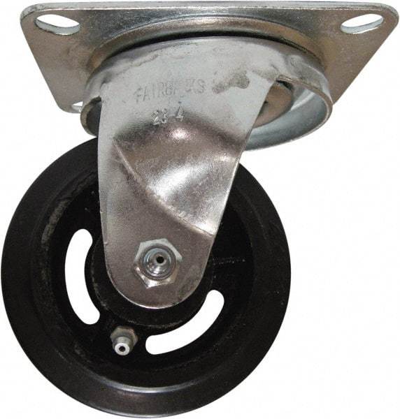 Fairbanks - 4" Diam x 1-1/2" Wide x 5-1/4" OAH Top Plate Mount Swivel Caster - Mold on Rubber, 200 Lb Capacity, Roller Bearing, 4 x 5" Plate - Benchmark Tooling