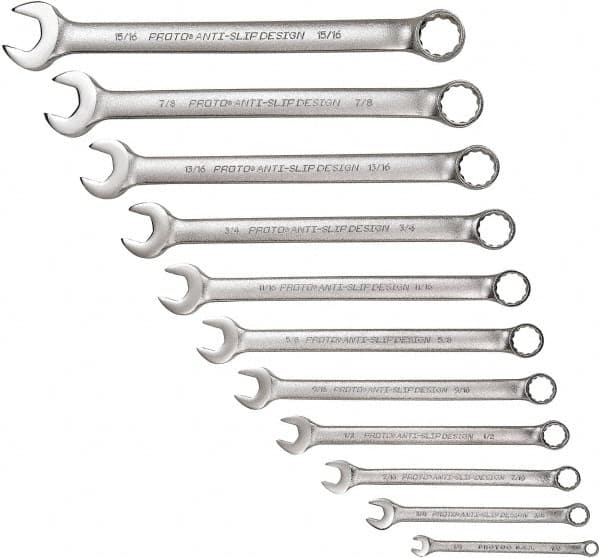 Proto - 11 Piece, 1/4" to 15/16", 12 Point Combination Wrench Set - Inch Measurement Standard, Satin Chrome Finish - Benchmark Tooling