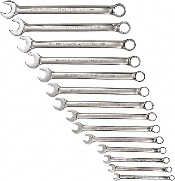 Proto - 14 Piece, 7mm to 20mm, 12 Point Combination Wrench Set - Metric Measurement Standard, Full Polish Chrome Finish, Comes in Tool Roll - Benchmark Tooling