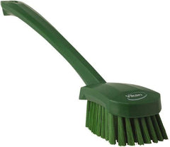 Vikan - 1.3" Bristle Length, Polyester Scrub Brush - 4" Long x 2-3/4" Wide Head, 15-3/4" OAL, Green, Polypropylene Block - Benchmark Tooling