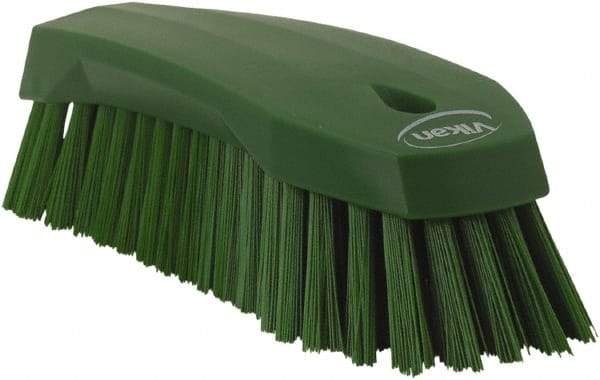 Vikan - 1.3" Bristle Length, Polyester Utility Scrub Brush - 7" Long x 3" Wide Head, 8" OAL, Green, Polypropylene Block - Benchmark Tooling