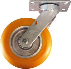Caster Connection - 8" Diam x 2" Wide x 10-1/8" OAH Top Plate Mount Swivel Caster - Polyurethane on Aluminum, 1,200 Lb Capacity, Sealed Precision Ball Bearing, 4-1/2 x 6-1/4" Plate - Benchmark Tooling