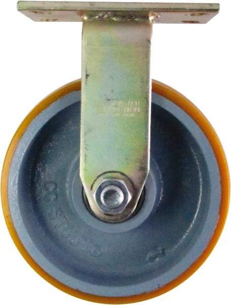 Caster Connection - 8" Diam x 3" Wide x 10-1/8" OAH Top Plate Mount Rigid Caster - Polyurethane on Iron, 2,300 Lb Capacity, Sealed Precision Ball Bearing, 4-1/2 x 6-1/4" Plate - Benchmark Tooling