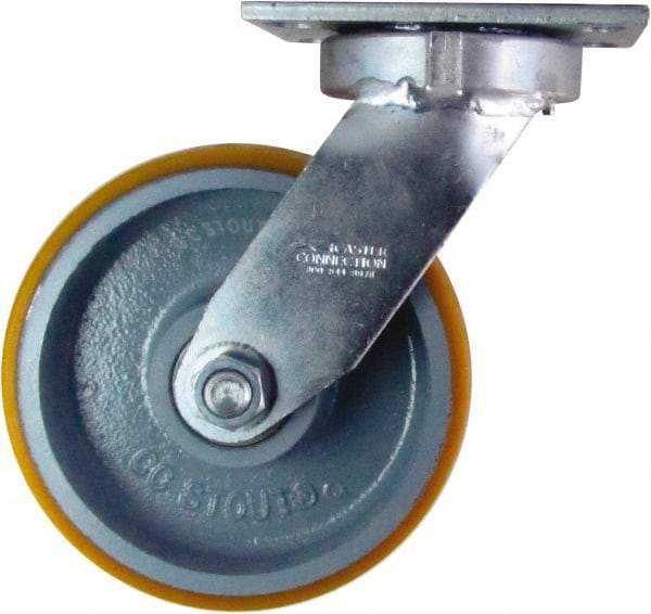 Caster Connection - 8" Diam x 3" Wide x 10-1/8" OAH Top Plate Mount Swivel Caster - Polyurethane on Iron, 2,300 Lb Capacity, Sealed Precision Ball Bearing, 4-1/2 x 6-1/4" Plate - Benchmark Tooling