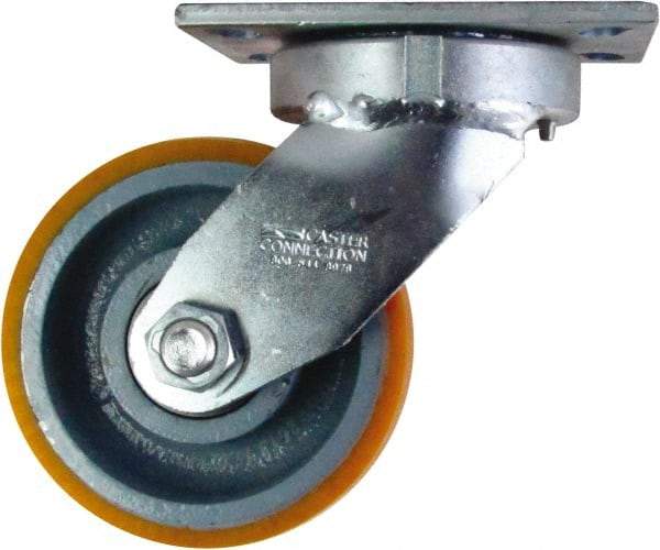 Caster Connection - 6" Diam x 3" Wide x 7-1/2" OAH Top Plate Mount Swivel Caster - Polyurethane on Iron, 2,300 Lb Capacity, Sealed Precision Ball Bearing, 4-1/2 x 6-1/4" Plate - Benchmark Tooling