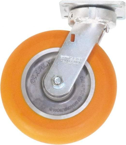 Caster Connection - 8" Diam x 2" Wide x 9-1/2" OAH Top Plate Mount Swivel Caster - Polyurethane on Aluminum, 1,200 Lb Capacity, Sealed Precision Ball Bearing, 4 x 4-1/2" Plate - Benchmark Tooling