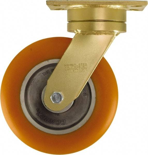 Caster Connection - 8" Diam x 2" Wide x 10-1/8" OAH Top Plate Mount Swivel Caster - Polyurethane on Aluminum, 1,200 Lb Capacity, Sealed Precision Ball Bearing, 4-1/2 x 6-1/4" Plate - Benchmark Tooling