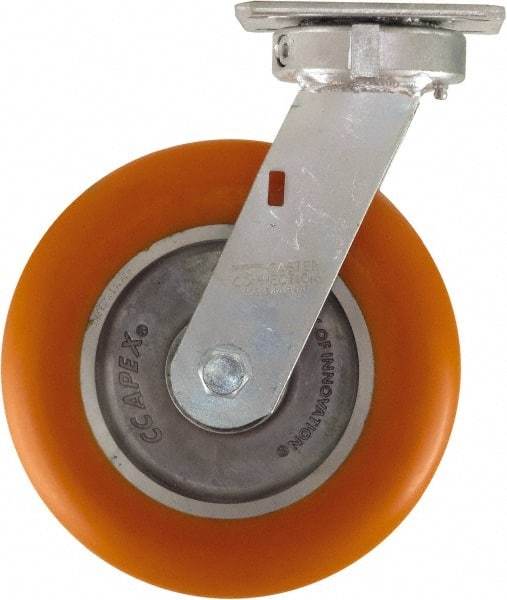 Caster Connection - 8" Diam x 2" Wide x 10-1/8" OAH Top Plate Mount Swivel Caster - Polyurethane on Aluminum, 1,200 Lb Capacity, Sealed Precision Ball Bearing, 4 x 4-1/2" Plate - Benchmark Tooling