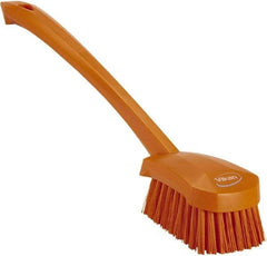 Vikan - 1.3" Bristle Length, Polyester Scrub Brush - 4" Long x 2-3/4" Wide Head, 15-3/4" OAL, Orange, Polypropylene Block - Benchmark Tooling