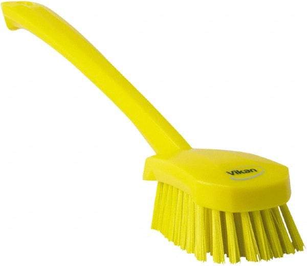 Vikan - 1.3" Bristle Length, Polyester Scrub Brush - 4" Long x 2-3/4" Wide Head, 15-3/4" OAL, Yellow, Polypropylene Block - Benchmark Tooling