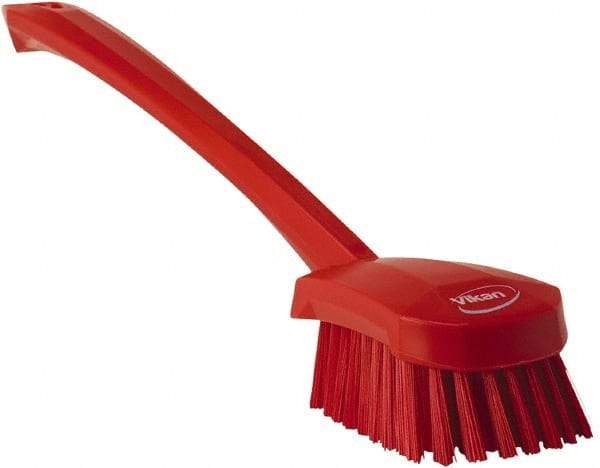 Vikan - 1.3" Bristle Length, Polyester Scrub Brush - 4" Long x 2-3/4" Wide Head, 15-3/4" OAL, Red, Polypropylene Block - Benchmark Tooling