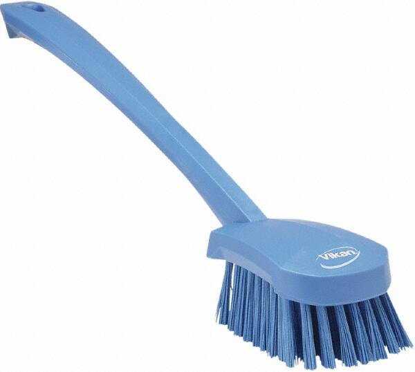 Vikan - 1.3" Bristle Length, Polyester Scrub Brush - 4" Long x 2-3/4" Wide Head, 15-3/4" OAL, Blue, Polypropylene Block - Benchmark Tooling