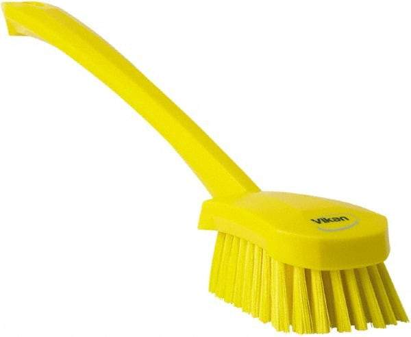 Vikan - 1.3" Bristle Length, Polyester Scrub Brush - 4" Long x 2-3/4" Wide Head, 15-3/4" OAL, Yellow, Polypropylene Block - Benchmark Tooling