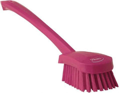 Vikan - 1.3" Bristle Length, Polyester Scrub Brush - 4" Long x 2-3/4" Wide Head, 15-3/4" OAL, Pink, Polypropylene Block - Benchmark Tooling