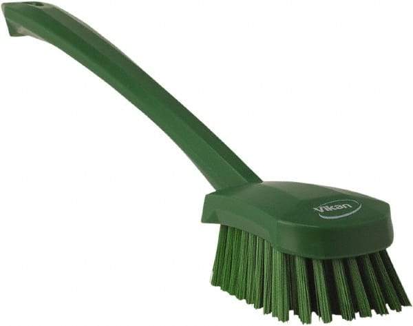 Vikan - 1.3" Bristle Length, Polyester Scrub Brush - 4" Long x 2-3/4" Wide Head, 15-3/4" OAL, Green, Polypropylene Block - Benchmark Tooling