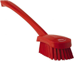 Vikan - 1.3" Bristle Length, Polyester Scrub Brush - 4" Long x 2-3/4" Wide Head, 15-3/4" OAL, Red, Polypropylene Block - Benchmark Tooling