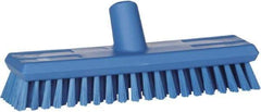 Vikan - 1.3" Bristle Length, Polyester Scrub Brush - 10-3/4" Long x 2-1/2" Wide Head, 11" OAL, European Threaded Handle, Blue, Polypropylene Block - Benchmark Tooling