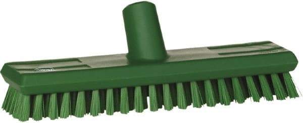 Vikan - 1" Bristle Length, Polyester Scrub Brush - 10-5/8" Long x 2-1/2" Wide Head, 11" OAL, European Threaded Handle, Green, Polypropylene Block - Benchmark Tooling