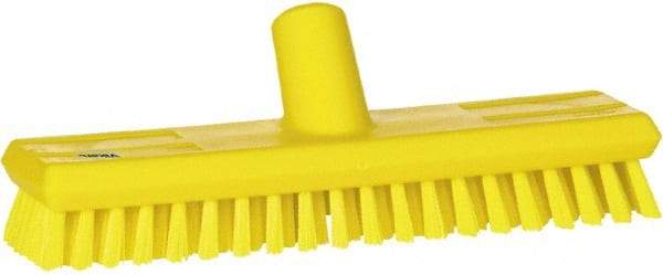 Vikan - 1" Bristle Length, Polyester Scrub Brush - 10-5/8" Long x 2-1/2" Wide Head, 11" OAL, European Threaded Handle, Yellow, Polypropylene Block - Benchmark Tooling