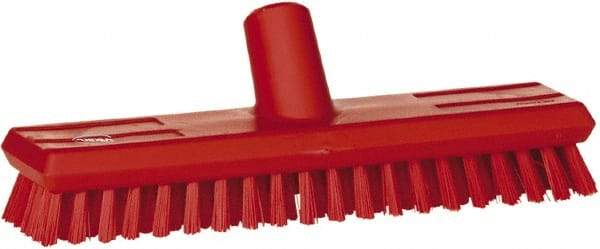 Vikan - 1" Bristle Length, Polyester Scrub Brush - 10-5/8" Long x 2-1/2" Wide Head, 11" OAL, European Threaded Handle, Red, Polypropylene Block - Benchmark Tooling