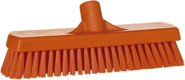 Vikan - 1.7" Bristle Length, Polyester Scrub Brush - 11-1/4" Long x 3" Wide Head, 12" OAL, European Threaded Handle, Orange, Polypropylene Block - Benchmark Tooling