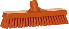 Vikan - 1.7" Bristle Length, Polyester Scrub Brush - 11-1/4" Long x 3" Wide Head, 12" OAL, European Threaded Handle, Orange, Polypropylene Block - Benchmark Tooling