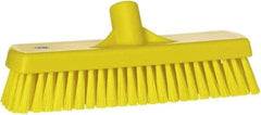 Vikan - 1.7" Bristle Length, Polyester Scrub Brush - 11-1/4" Long x 3" Wide Head, 12" OAL, European Threaded Handle, Yellow, Polypropylene Block - Benchmark Tooling