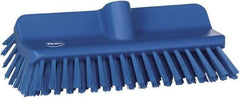 Vikan - 1-1/2" Bristle Length, Polyester Cleaning & Finishing Brush - 9-5/8" Long x 5" Wide Head, 10" OAL, European Threaded Handle, Blue, Polypropylene Block - Benchmark Tooling