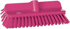 Vikan - 1-1/2" Bristle Length, Polyester Cleaning & Finishing Brush - 9-5/8" Long x 2-3/4" Wide Head, 10" OAL, European Threaded Handle, Pink, Polypropylene Block - Benchmark Tooling