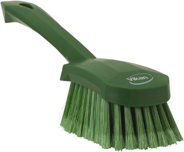 Vikan - 1.8" Bristle Length, Polyester Scrub Brush - 4-1/4" Long x 2-3/4" Wide Head, 10" OAL, Green, Polypropylene Block, Flagged - Benchmark Tooling