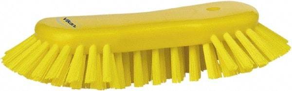 Vikan - 1.3" Bristle Length, Polyester Utility Scrub Brush - 7-3/4" Long x 3" Wide Head, 8" OAL, European Threaded Handle, Yellow, Polypropylene Block - Benchmark Tooling