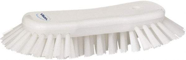 Vikan - 1.3" Bristle Length, Polyester Utility Scrub Brush - 7-3/4" Long x 3" Wide Head, 8" OAL, European Threaded Handle, White, Polypropylene Block - Benchmark Tooling