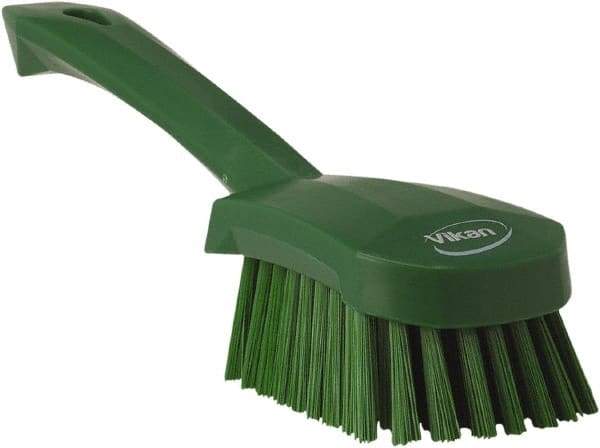 Vikan - 1.3" Bristle Length, Polyester Scrub Brush - 4-1/4" Long x 2-3/4" Wide Head, 10" OAL, Green, Polypropylene Block - Benchmark Tooling