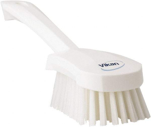 Vikan - 1.3" Bristle Length, Polyester Scrub Brush - 4-1/4" Long x 2-3/4" Wide Head, 10" OAL, White, Polypropylene Block - Benchmark Tooling